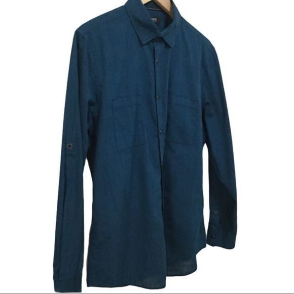 ALFANI Marine Blue Long Sleeve Button Front Shirt Reg Fit Med NWOT - Picture 3 of 6